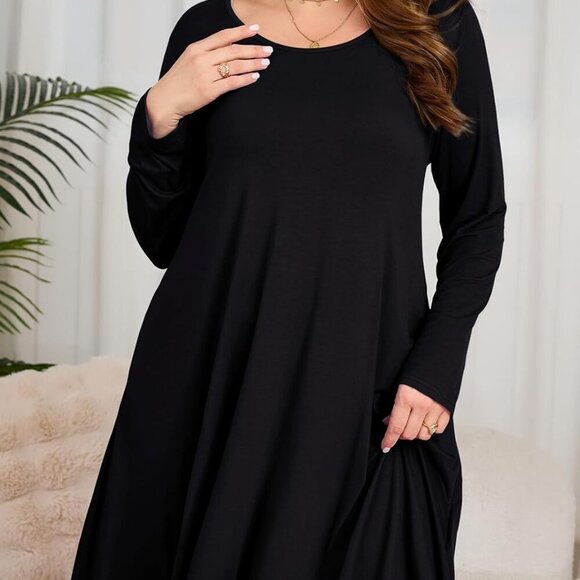 Women Long Sleeve Dress Rayon Spandex Plus Size Casual Swing Pockets - Picture 3 of 5
